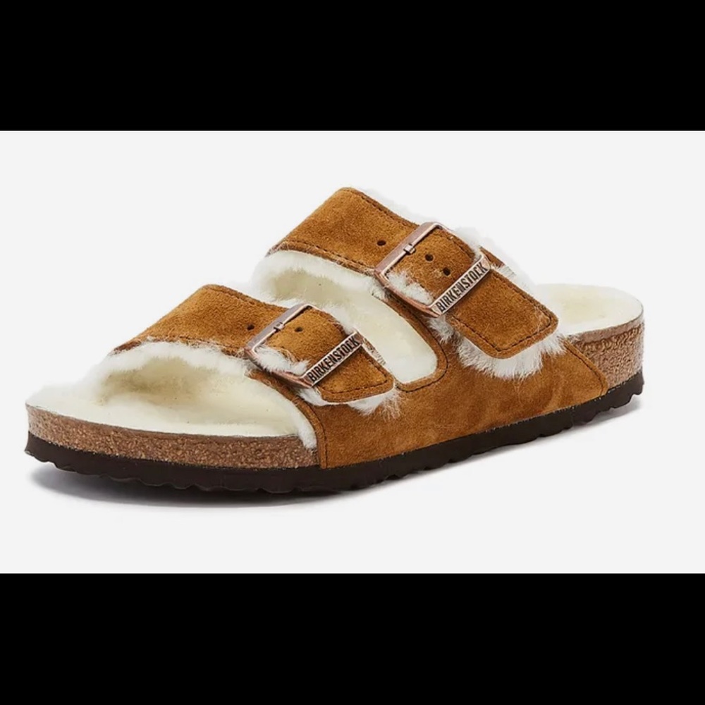 New! Birkenstock Women’s Arizona Shearling Sandal, Mink Suede, Size 37